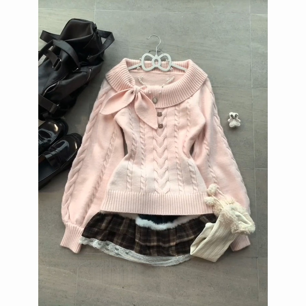 蝴蝶结翻领针织毛衣衫