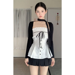 波点半身裙三件套装 韩系温柔文艺甜美气质黑色针织开衫 抹胸吊带