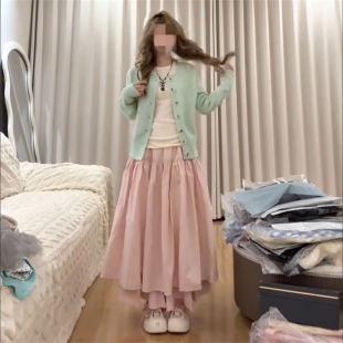 粉色长裙三件套装 打底上衣 温柔甜妹风复古绿色针织开衫 2026新款