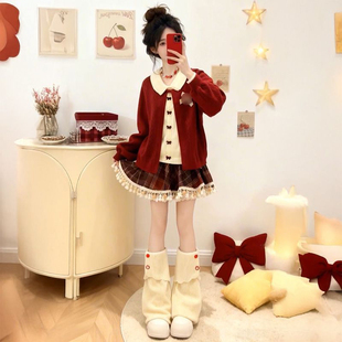 旦跨年两件套装 搭配格纹短裙元 温柔感红色蝴蝶结毛衣开衫 2025新款