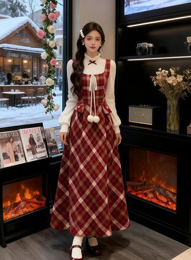 法式甜美ins圣诞假两件红色格纹设计收腰a字长裙冬日氛围感连衣裙
