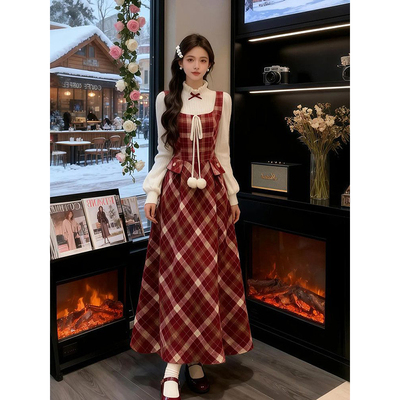 假两件红色格纹连衣裙