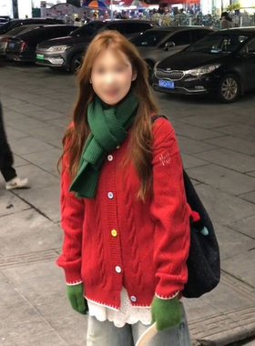 法式气质温柔氛围感红色绞花纽扣毛衣开衫新年女休闲保暖百搭外套