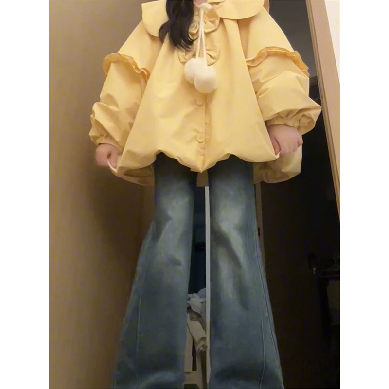 黄色花苞灯笼袖棉服外套