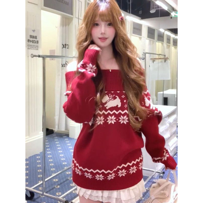 费尔岛一字领露肩针织毛衣