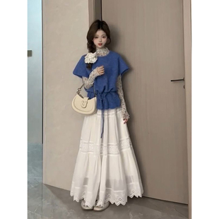 蕾丝半身长裙女三件套装 碎花打底衫 初恋少女感蓝色针织马甲 春季