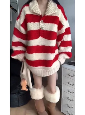 秋冬季复古甜妹条纹娃娃领宽松慵懒毛衣新款软糯休闲针织上衣外套