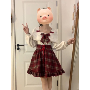 法式 a字短裙 温柔甜妹少女感圣诞红格纹蝴蝶结连衣裙收腰显瘦修身