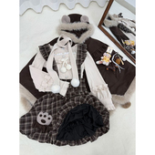 复古甜妹可爱风格 纹花苞背带裙叠穿木耳边长袖 上衣衫 新款 两件套装