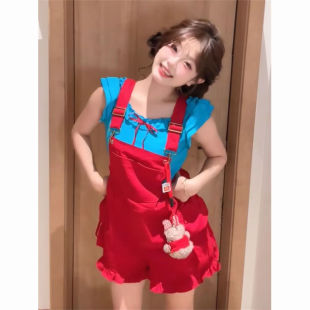 两件套装 法式 红色宽松显瘦背带裤 甜美学院风蓝色木耳边无袖 上衣