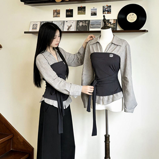 两件套装 搭配黑色高腰阔腿长裤 温柔气质学院风假两件拼接衬衫 法式