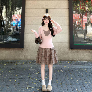 波点短裙三件套装 吊带上衣 V领打底 早春温柔甜美学院风粉色长袖