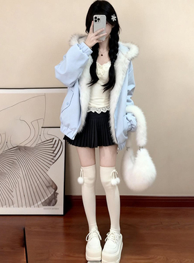 法式温柔可爱蓝色猫耳朵毛领连帽双面可穿棉服女冬季宽松保暖棉衣