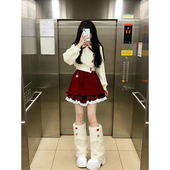 两件套装 2026圣诞温柔甜美风杏色针织毛衣开衫 假两件红色短裙裤