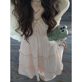 蕾丝拼接法式 浪漫粉色吊带连衣裙夏季 防晒开衫 新款 女学生两件套装