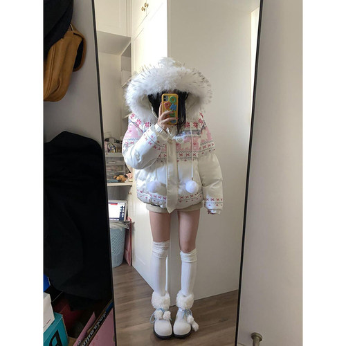 撞色毛领连帽棉服外套