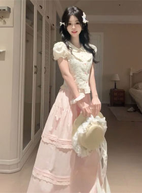 法式休闲学院风娃娃领收腰短袖衬衫+粉色高腰半身裙女学生两件套