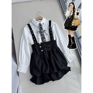 黑色背带花苞短裙两件套装 衬衫 温柔甜美少女感白色印花长袖 法式