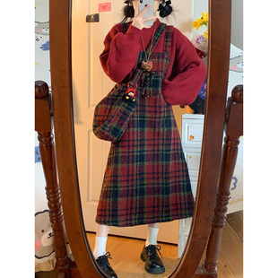 法式圣诞甜妹风复古撞色格子背带毛呢连衣裙+红色针织衫两件套装