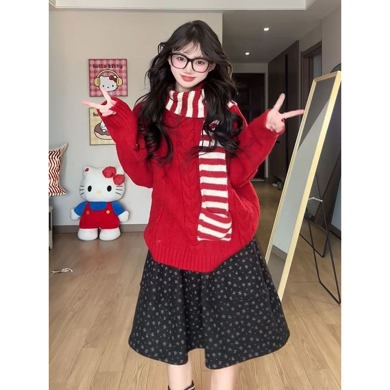 2026新年圣诞红色麻花针织软糯套头毛衣+松紧腰碎花短裙两件套装