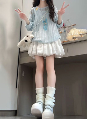 夏季新款韩系甜美薄款防晒蓝色针织罩衫女+高腰半身短裙两件套装