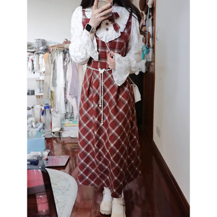 甜妹少女风氛围感新年红格纹蝴蝶结高腰连衣裙女学生设计显瘦长裙