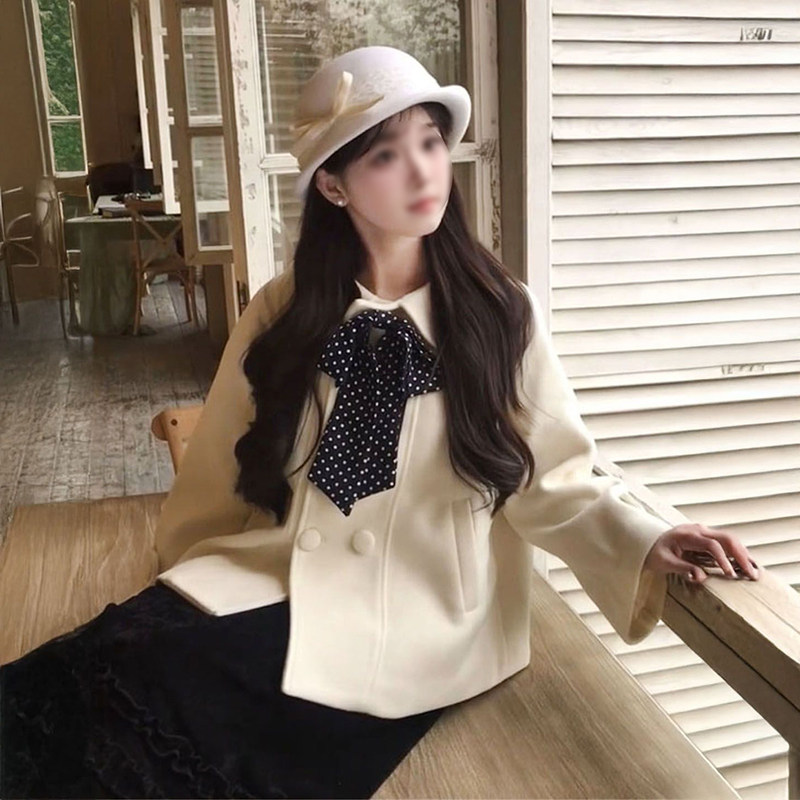 温柔淑女风蝴蝶结娃娃领毛呢大衣外套女+高腰木耳边半身裙两件套,女装/女士精品,时尚套装,淘宝优惠券,粉丝福利购,淘宝优惠卷