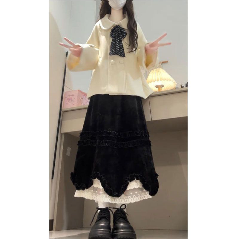 法式松弛感秋冬季穿搭气质毛呢外套女荷叶边花瓣半身裙两件套套装,女装/女士精品,时尚套装,淘宝优惠券,粉丝福利购,淘宝优惠卷