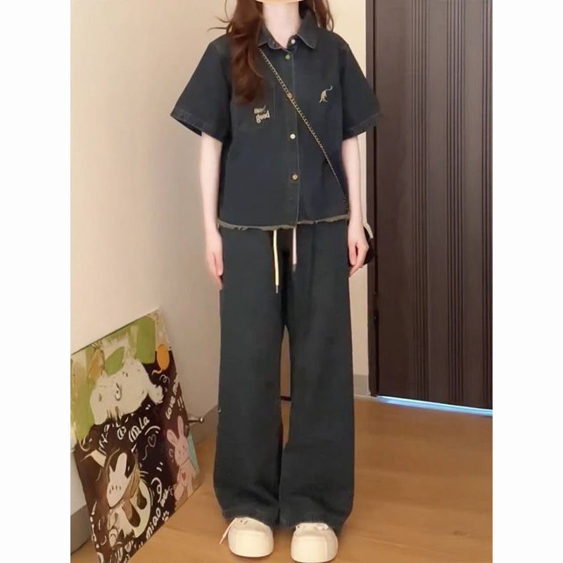 牛仔短袖衬衫+牛仔长裤