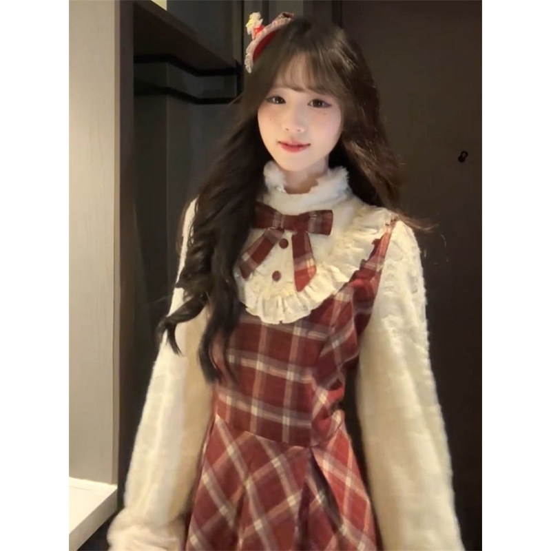 美式复古红色格纹假两件连衣裙女2026春秋款蝴蝶结拼接收腰a字裙