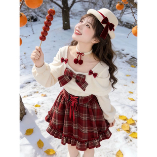 2026新年温柔甜妹风圣诞红格纹蝴蝶结连衣裙修身 收腰显瘦a字长裙
