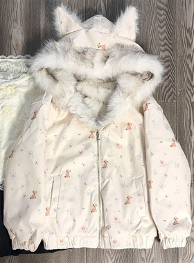 冬日气质温柔风小狗印花双面穿连帽棉服女学生宽松保暖座山雕外套