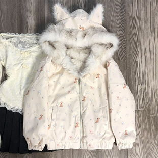 冬日气质温柔风小狗印花双面穿连帽棉服女学生宽松保暖座山雕外套