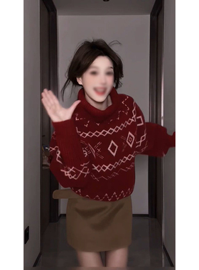 冬季圣诞气质甜美设计感红色宽松套头毛衣新年费尔岛高领针织上衣