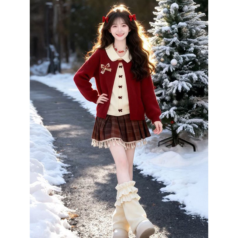 冬日温柔甜美圣诞氛围感假两件毛衣开衫搭配红色格纹短裙两件套装,女装/女士精品,时尚套装,淘宝优惠券,粉丝福利购,淘宝优惠卷