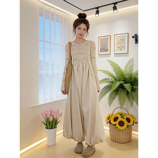 韩系休闲百搭穿搭花苞背带连体裤 叠穿镂空针织上衣女学生两件套装