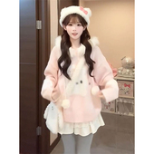 法式 温柔软妹风小兔子毛茸茸连帽粉色针织毛衣女秋冬软糯可爱上衣