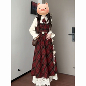 女送领结两件套装 秋冬韩系复古红色毛呢格子背心连衣裙 杏色衬衫