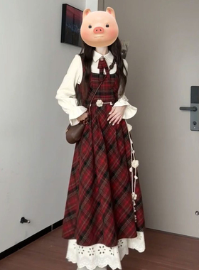 秋冬韩系复古红色毛呢格子背心连衣裙+杏色衬衫女送领结两件套装