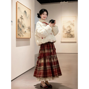 法式 甜妹可爱少女风米白色立领棉服搭配格纹高腰半身长裙两件套装