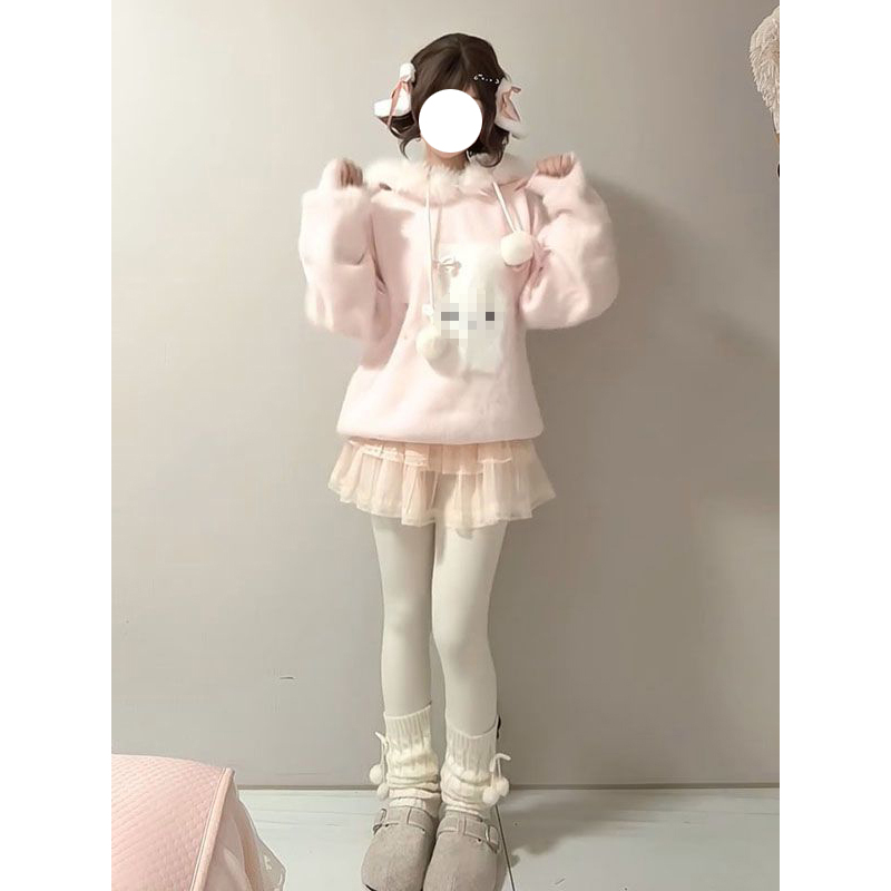 秋冬季甜美可爱风毛茸茸小兔子提花毛衣衫女日系宽松慵懒针织上衣