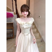 法式绝美重工芭蕾风蝴蝶结小飞袖网纱连衣裙女夏季温柔气质公主裙