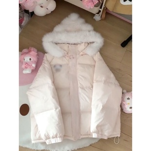 法式可爱小熊猫耳朵连帽毛领粉色棉衣棉服温柔氛围感厚实保暖外套
