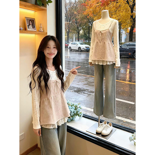 上衣两件套装 蕾丝镂空长袖 气质温柔风软糯针织吊带背心马甲 法式