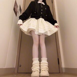 2025早秋季温柔风撞色拼接假两件针织开衫搭配白色半身裙两件套装