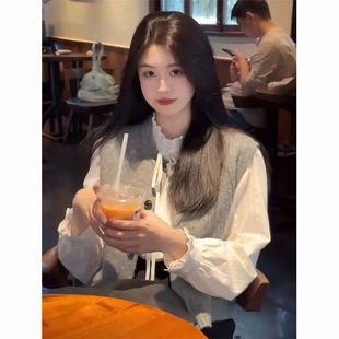 衬衫 针织毛衣马甲背心搭配木耳边长袖 两件套穿搭 休闲懒风无袖 韩式