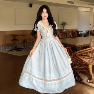 蝴蝶结条纹短袖连衣裙