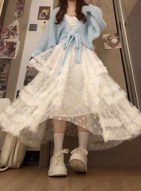 春季浪漫校园少女风内搭吊带+蓬蓬半身长裙+奶蓝色开衫【三件套】