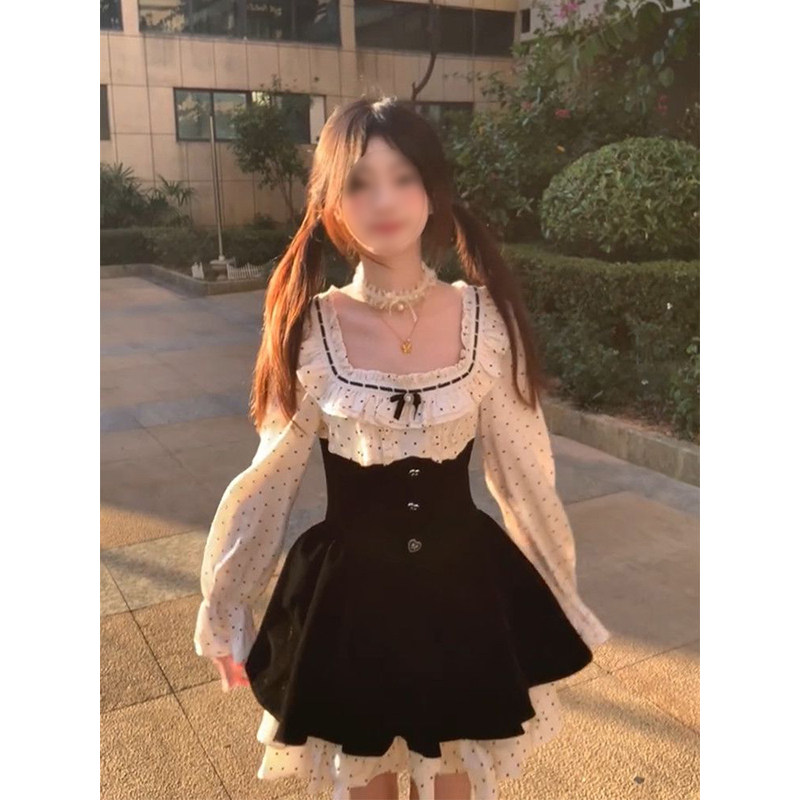 法式温柔甜妹可爱风黑色波点拼接连衣裙修身显瘦氛围感女学生短裙,女装/女士精品,连衣裙,淘宝优惠券,粉丝福利购,淘宝优惠卷