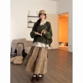 绿色针织毛衣 复古学院风蕾丝花边打底衫 高腰半身裙两件套装 法式